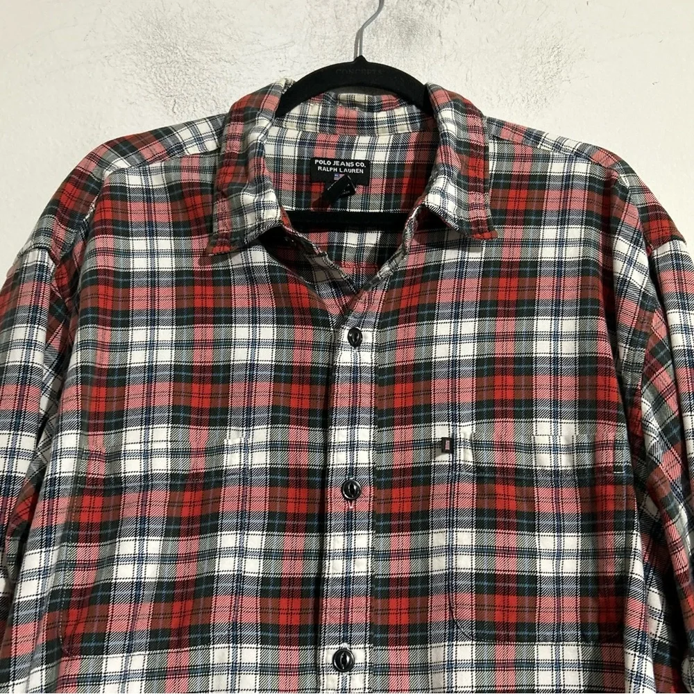 Ralph Lauren Polo Jeans Red White Plaid Cotton Flannel Button Down Shirt XL